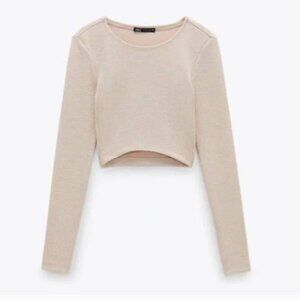 Zara Nude Beige Ribbed Knit Long Sleeve Crew Neck Crop Top